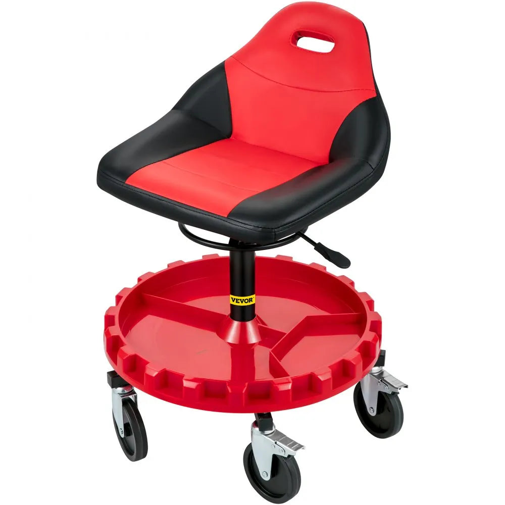 VEVOR Rolling Garage Stool, 300LBS Capacity, 18"-23" Adjustable Height Range, Mechanic Seat with Swivel Casters and Tool Tray, for Workshop, Auto Repair Shop, Red