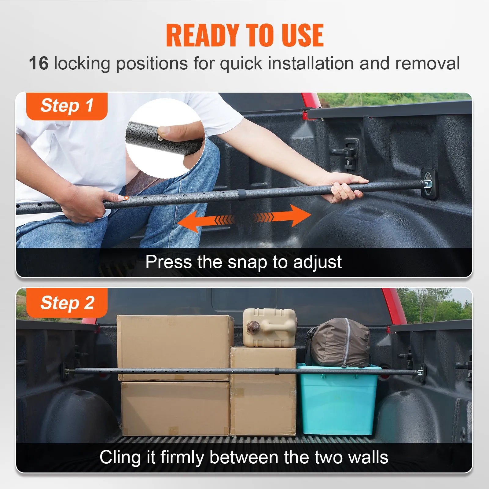 VEVOR Cargo Bar, Truck Bed Bar Adjustable from 40" to 73", Heavy-duty Steel Cargo Stabilizer Bar with 220 lbs Capacity, Truck Load Bar Stop Sliding for Pickup Truck Bed, SUV, Minitruck