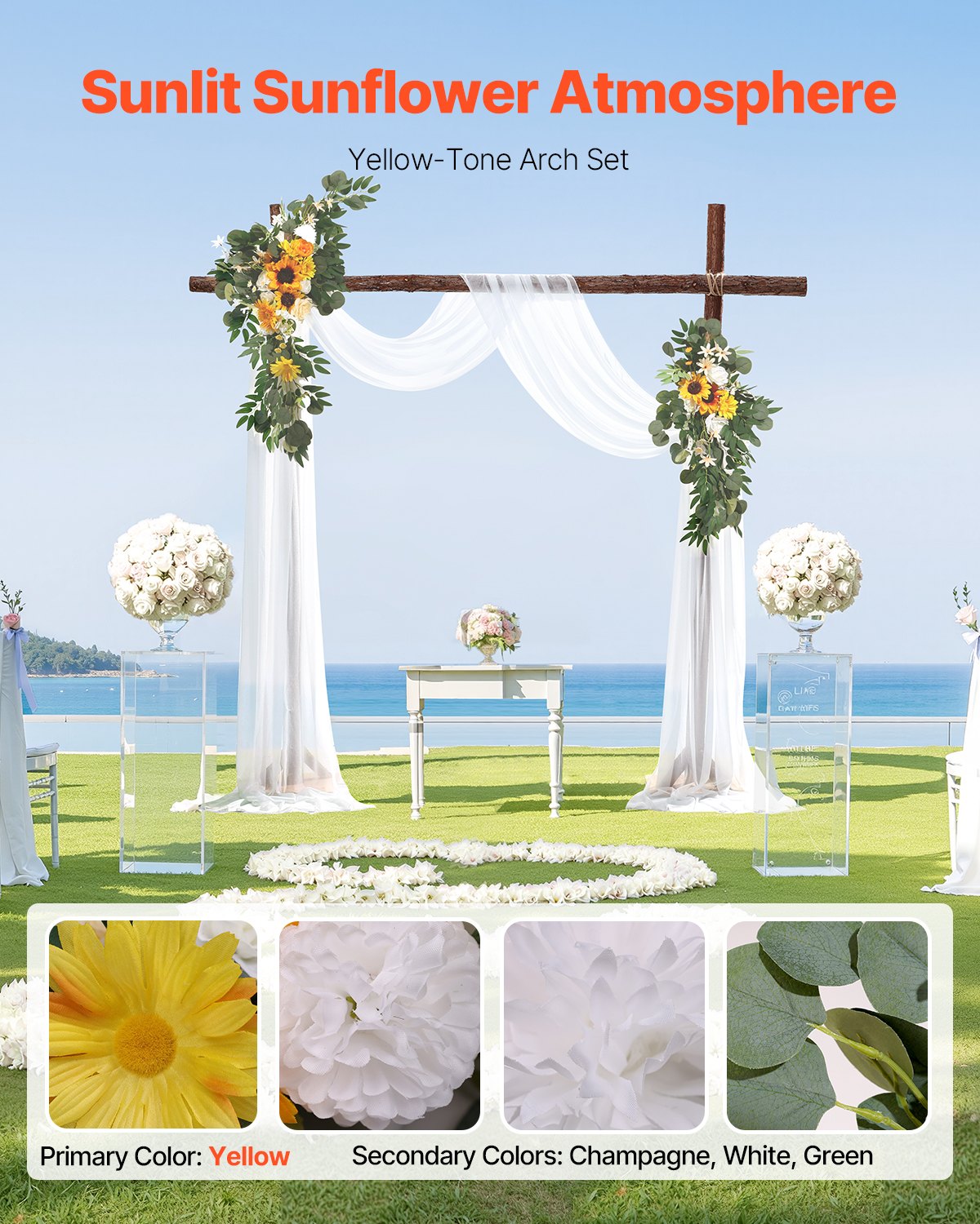 VEVOR Artificial Wedding Arch Flowers Kit Yellow With 2 Pcs Flowers 1 Pcs Drapes 