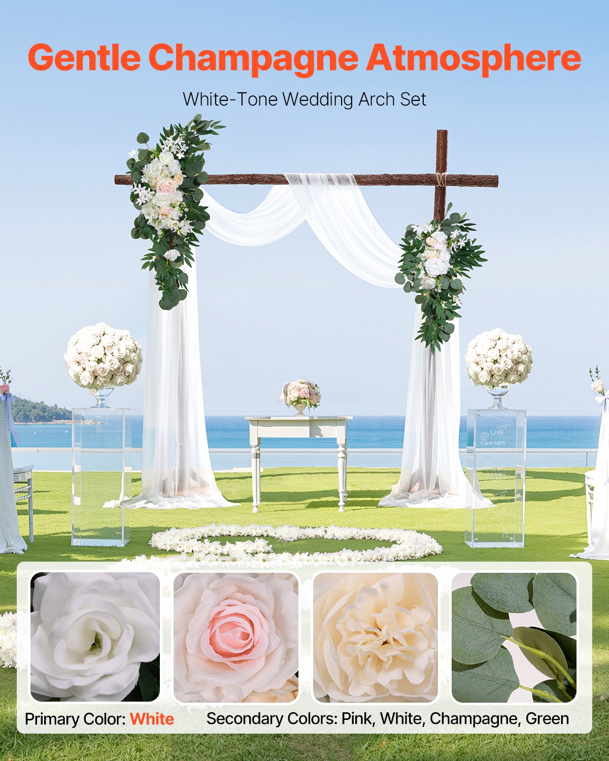 VEVOR Artificial Wedding Arch Flowers Kit White With 2 Pcs Flowers 2 Pcs Drapes 