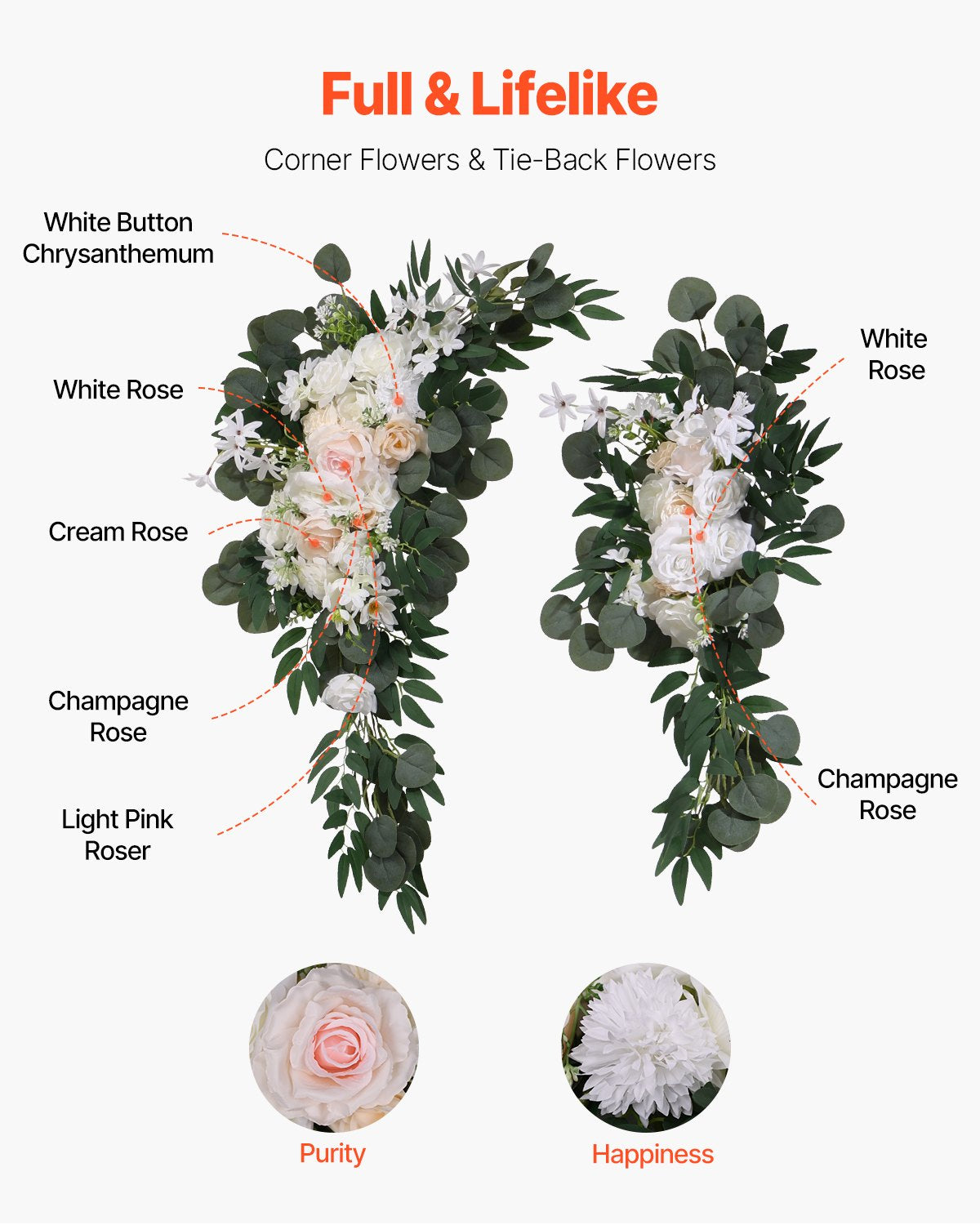 VEVOR Artificial Wedding Arch Flowers Kit White With 2 Pcs Flowers 2 Pcs Drapes 