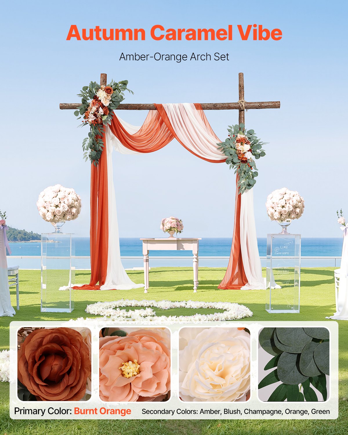VEVOR Artificial Wedding Arch Flowers Kit Orange With 2 Pcs Flowers 2 Pcs Drapes 