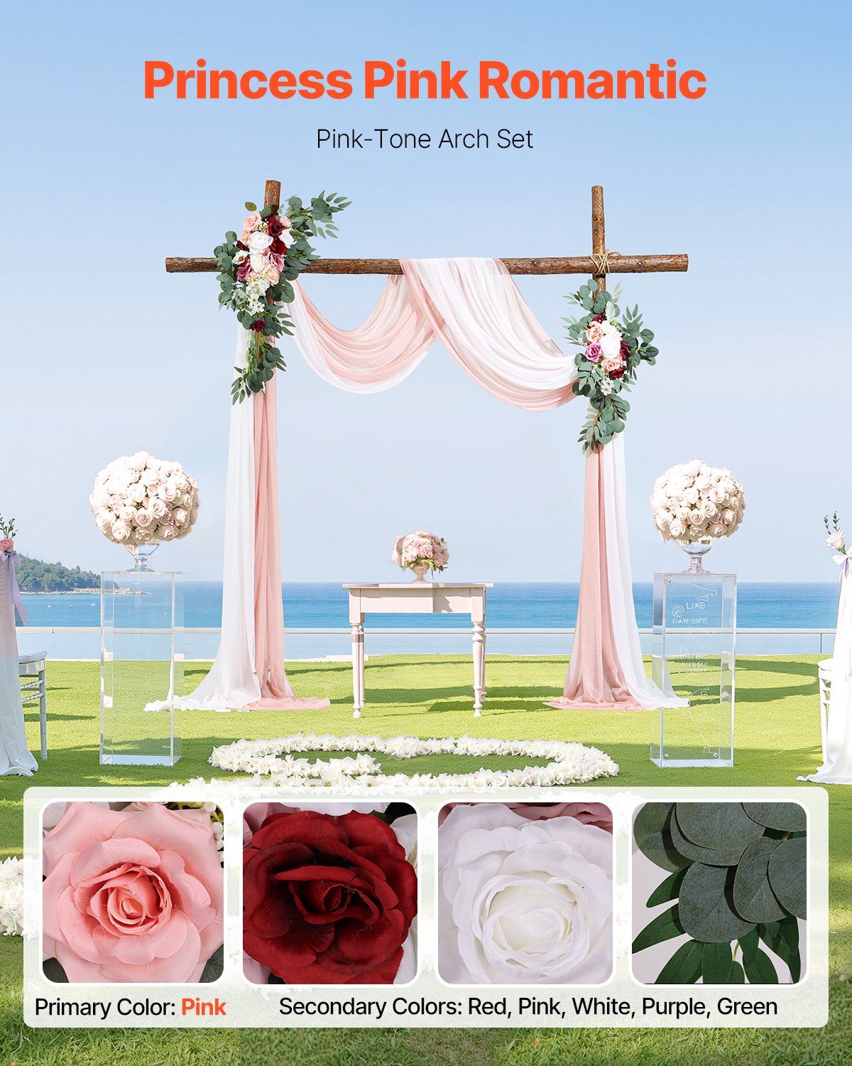 VEVOR Artificial Wedding Arch Flowers Kit Pink With 2 Pcs Flowers 2 Pcs Drapes 