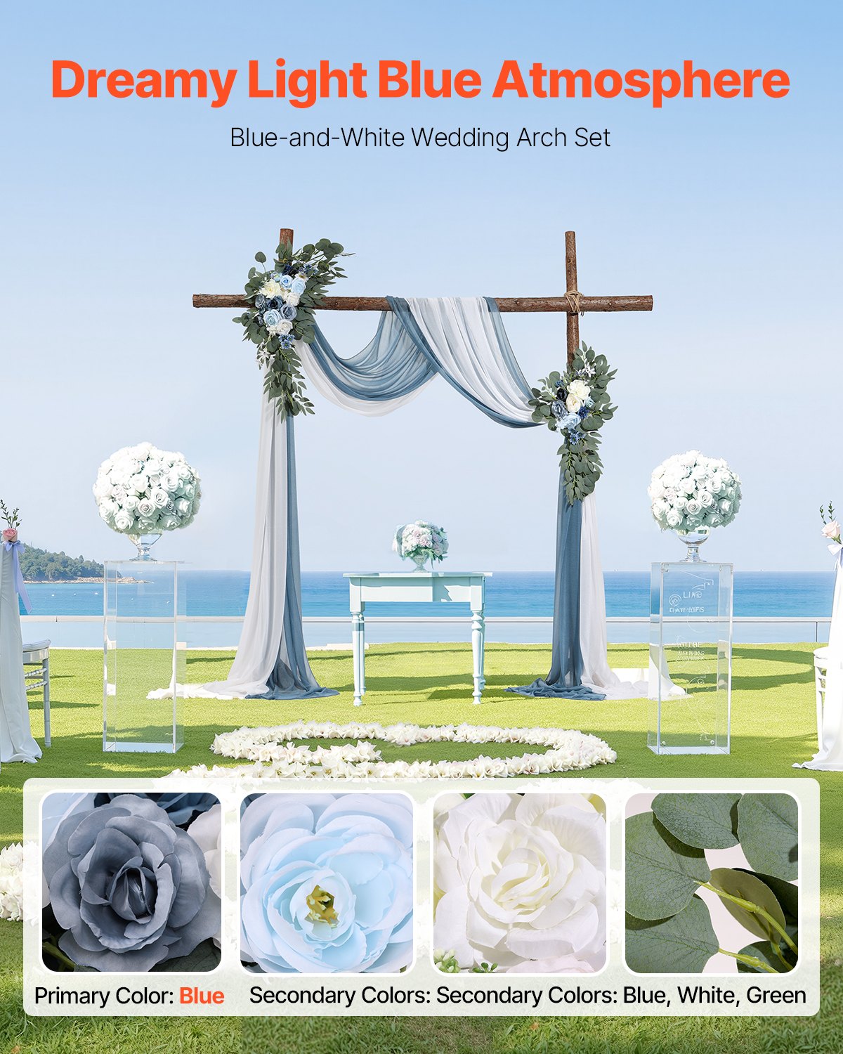 VEVOR Artificial Wedding Arch Flowers Kit Blue With 2 Pcs Flowers 2 Pcs Drapes 