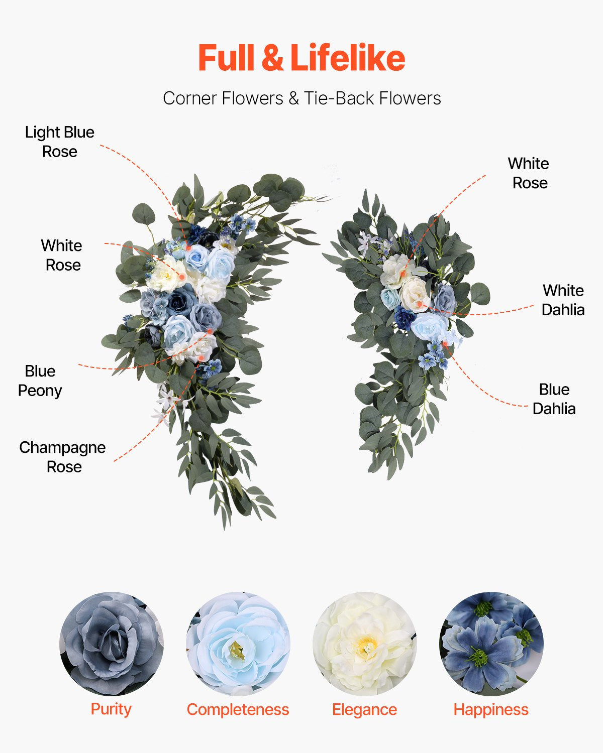 VEVOR Artificial Wedding Arch Flowers Kit Blue With 2 Pcs Flowers 2 Pcs Drapes 