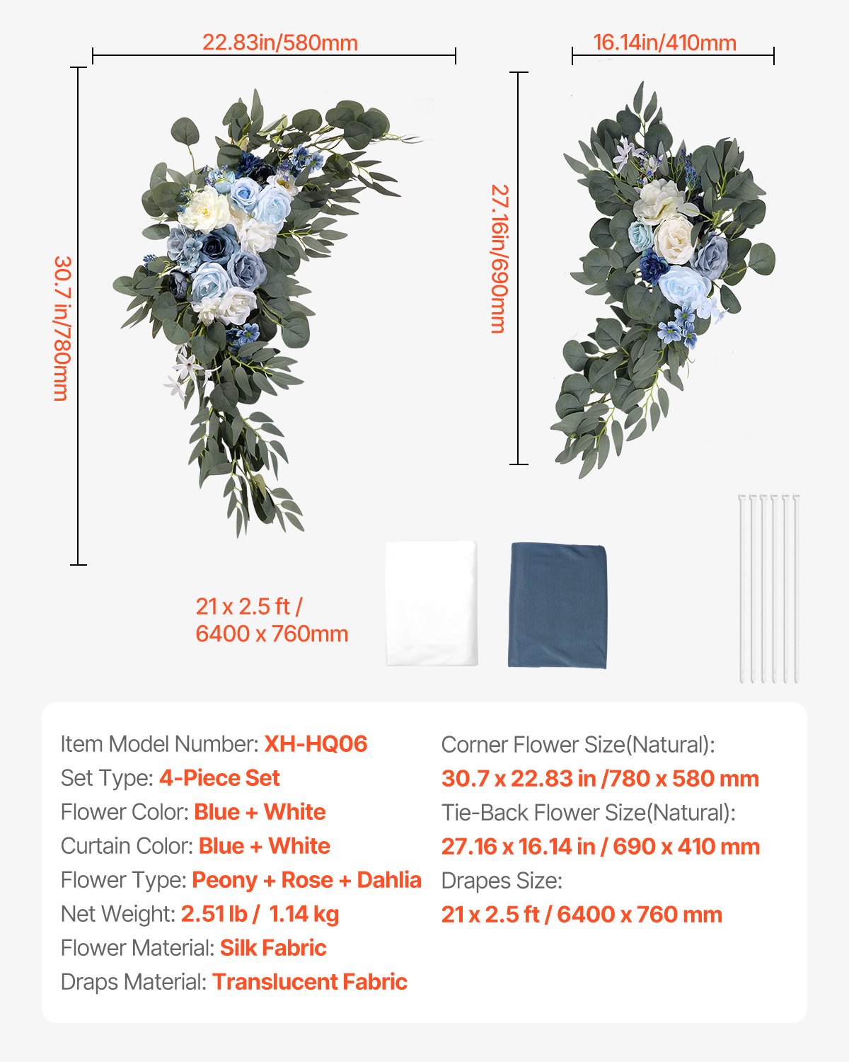 VEVOR Artificial Wedding Arch Flowers Kit Blue With 2 Pcs Flowers 2 Pcs Drapes 