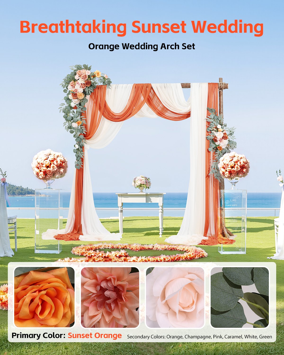 VEVOR Artificial Wedding Arch Flowers Kit Orange With 2 Pcs Flowers 3 Pcs Drapes 