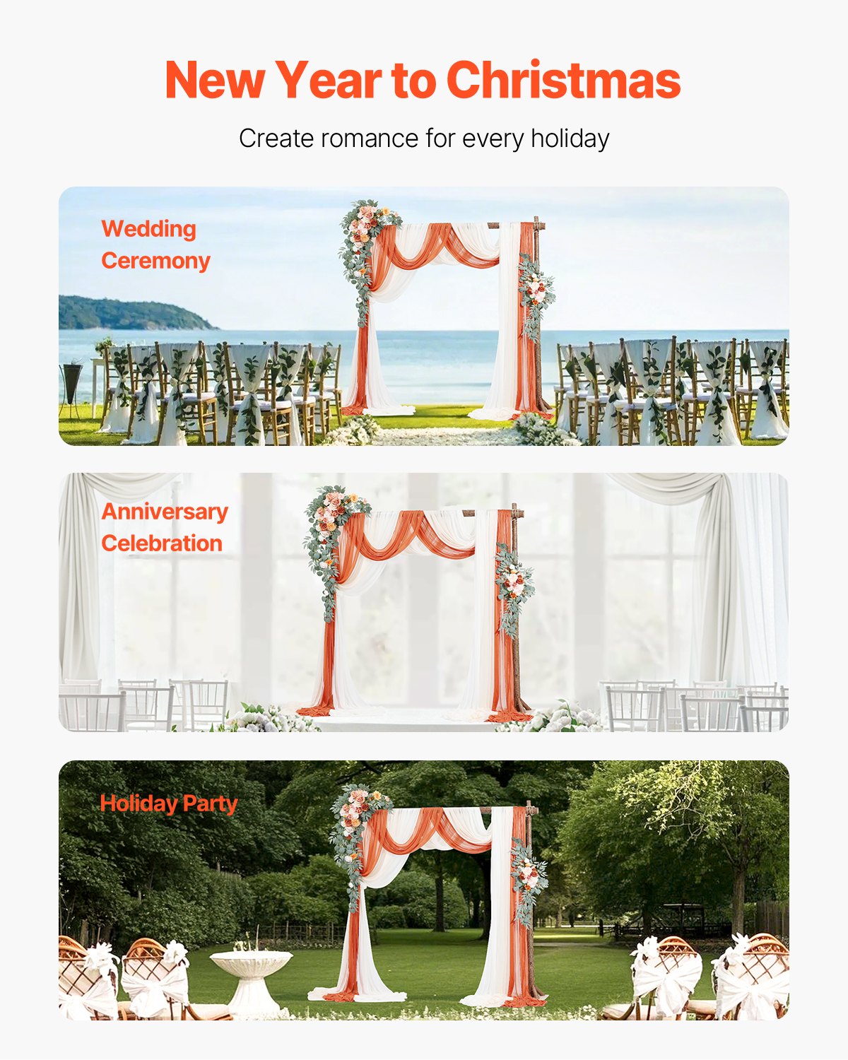 VEVOR Artificial Wedding Arch Flowers Kit Orange With 2 Pcs Flowers 3 Pcs Drapes 