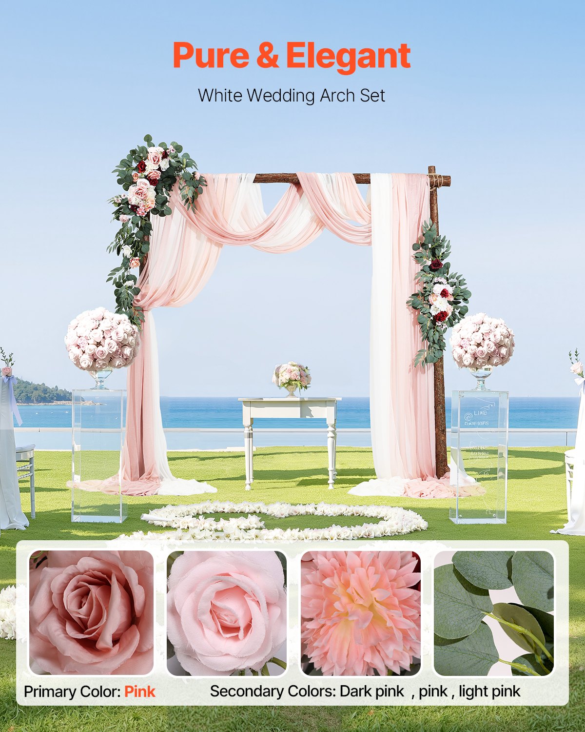 VEVOR Artificial Wedding Arch Flowers Kit Pink With 2 Pcs Flowers 3 Pcs Drapes 