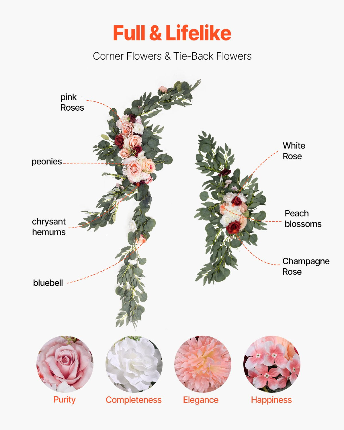 VEVOR Artificial Wedding Arch Flowers Kit Pink With 2 Pcs Flowers 3 Pcs Drapes 