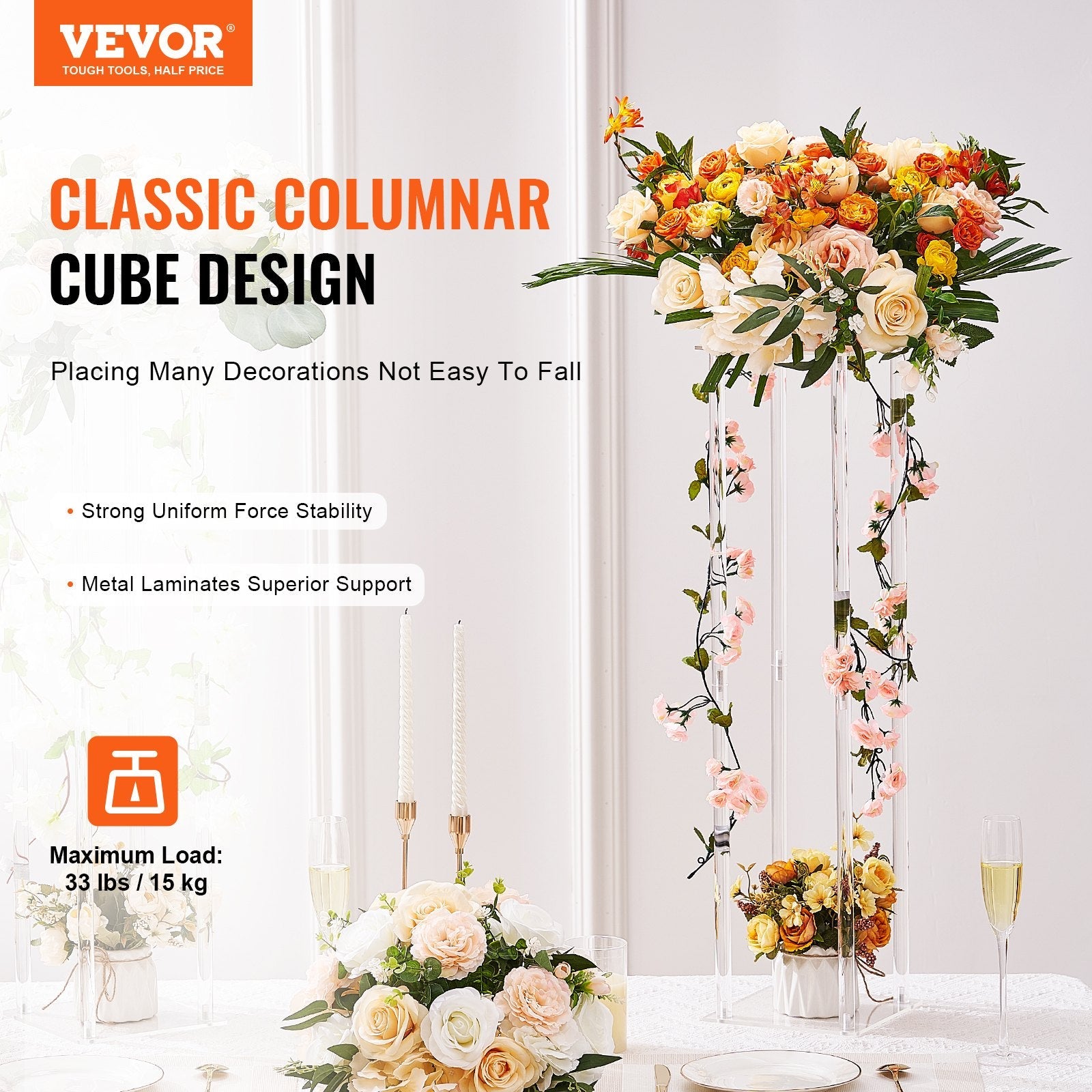 VEVOR 10PCS 23.6inch/60cm High Wedding Flower Stand, With Acrylic Laminate,Acrylic Vase Column Geometric Centerpiece Stands, Floral Display Rack for T-Stage Events Reception, Party Decoration Home 