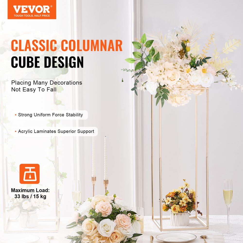 VEVOR 2PCS 31.5inch/80cm High Wedding Flower Stand, Metal Vase Column Geometric Centerpiece Stands, Gold Rectangular Floral Display Rack for T-Stage Events Reception, Party Decoration Home 
