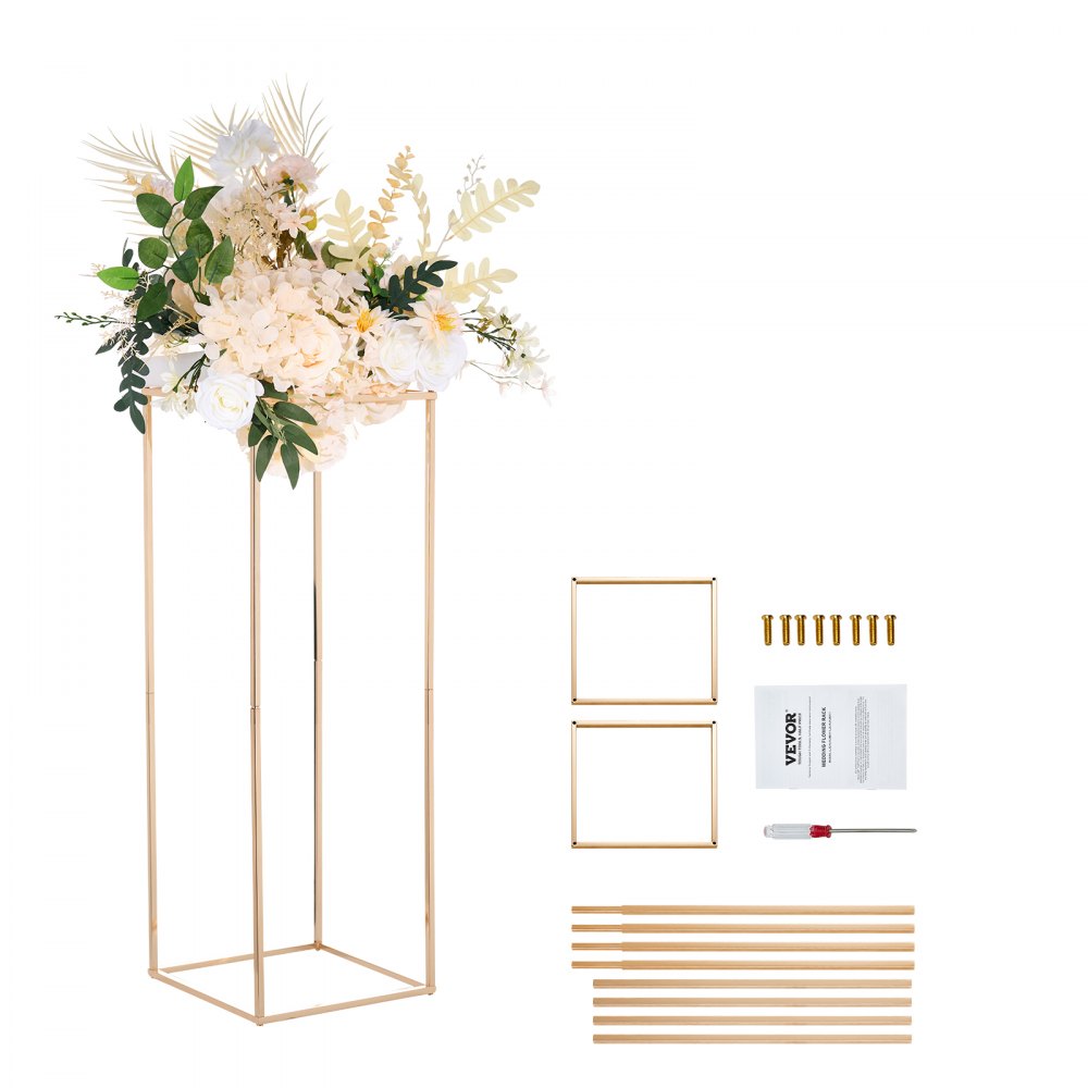 VEVOR 2PCS 31.5inch/80cm High Wedding Flower Stand, Metal Vase Column Geometric Centerpiece Stands, Gold Rectangular Floral Display Rack for T-Stage Events Reception, Party Decoration Home 