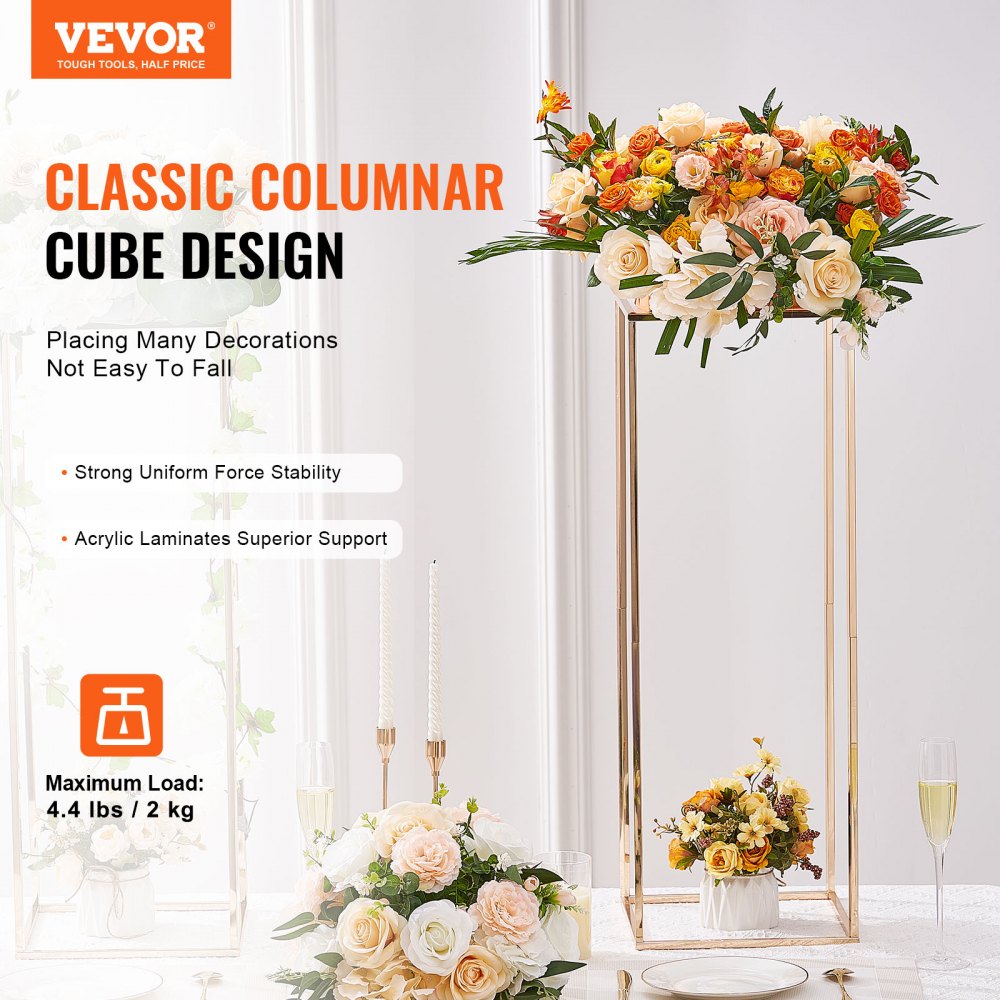 VEVOR 2PCS 31.5inch/80cm High Wedding Flower Stand, With Acrylic Laminate,Metal Vase Column Geometric Centerpiece Stands, Gold Rectangular Floral Display Rack for Events Reception, Party Decoration 