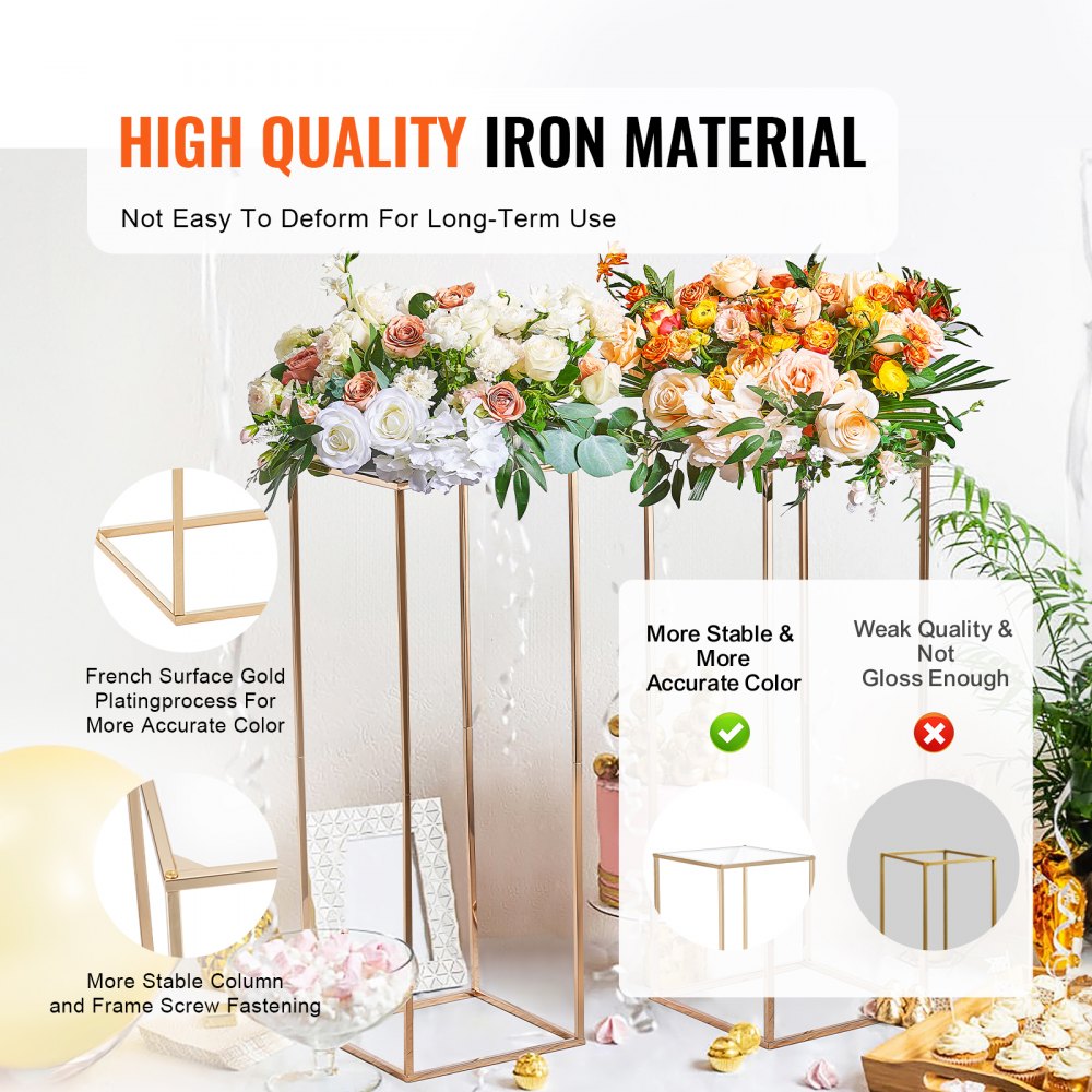 VEVOR 2PCS 31.5inch/80cm High Wedding Flower Stand, With Acrylic Laminate,Metal Vase Column Geometric Centerpiece Stands, Gold Rectangular Floral Display Rack for Events Reception, Party Decoration 
