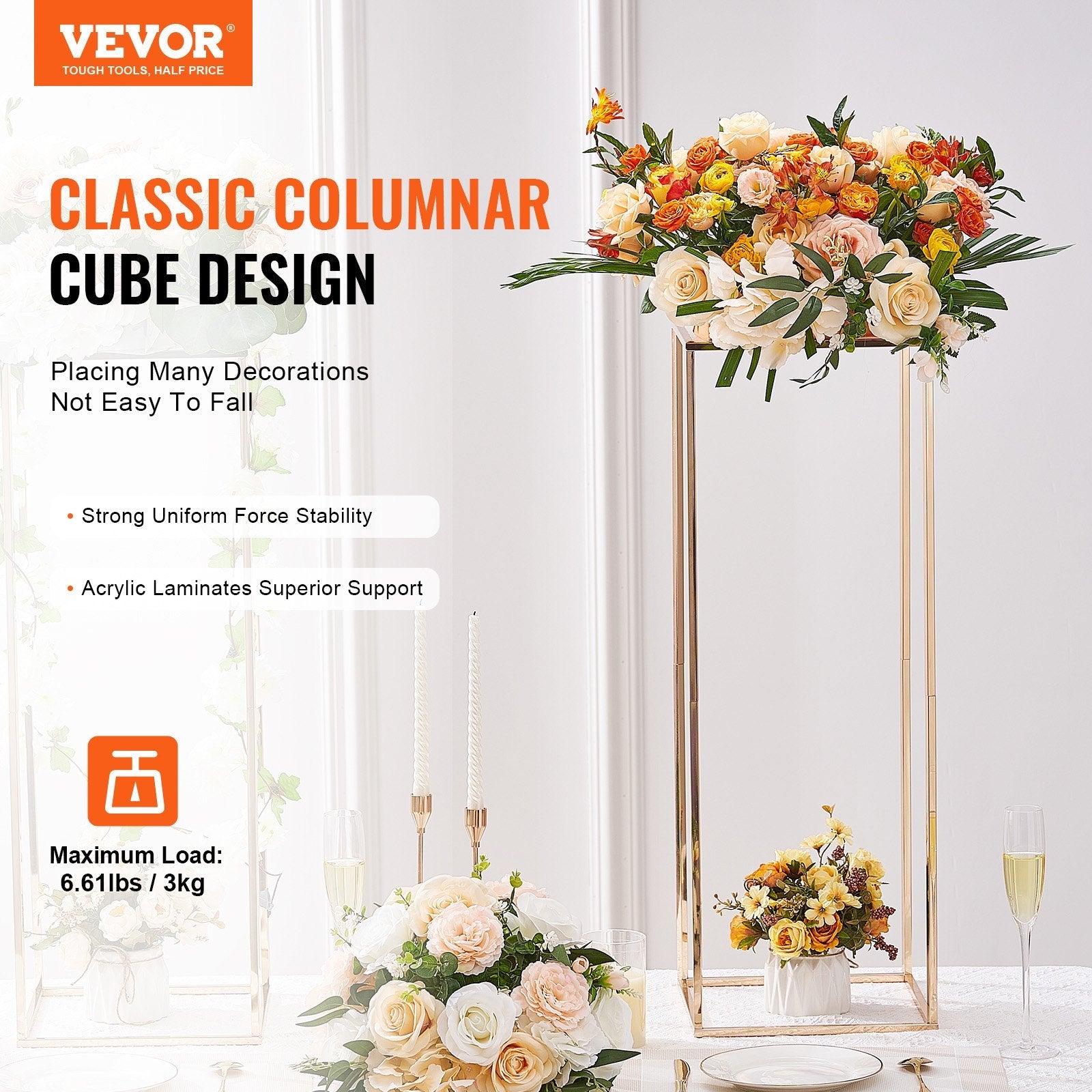 VEVOR 10PCS 31.5inch/80cm High Wedding Flower Stand, With Acrylic Laminate,Metal Vase Column Geometric Centerpiece Stands, Gold Rectangular Floral Display Rack for Events Reception, Party Decoration 