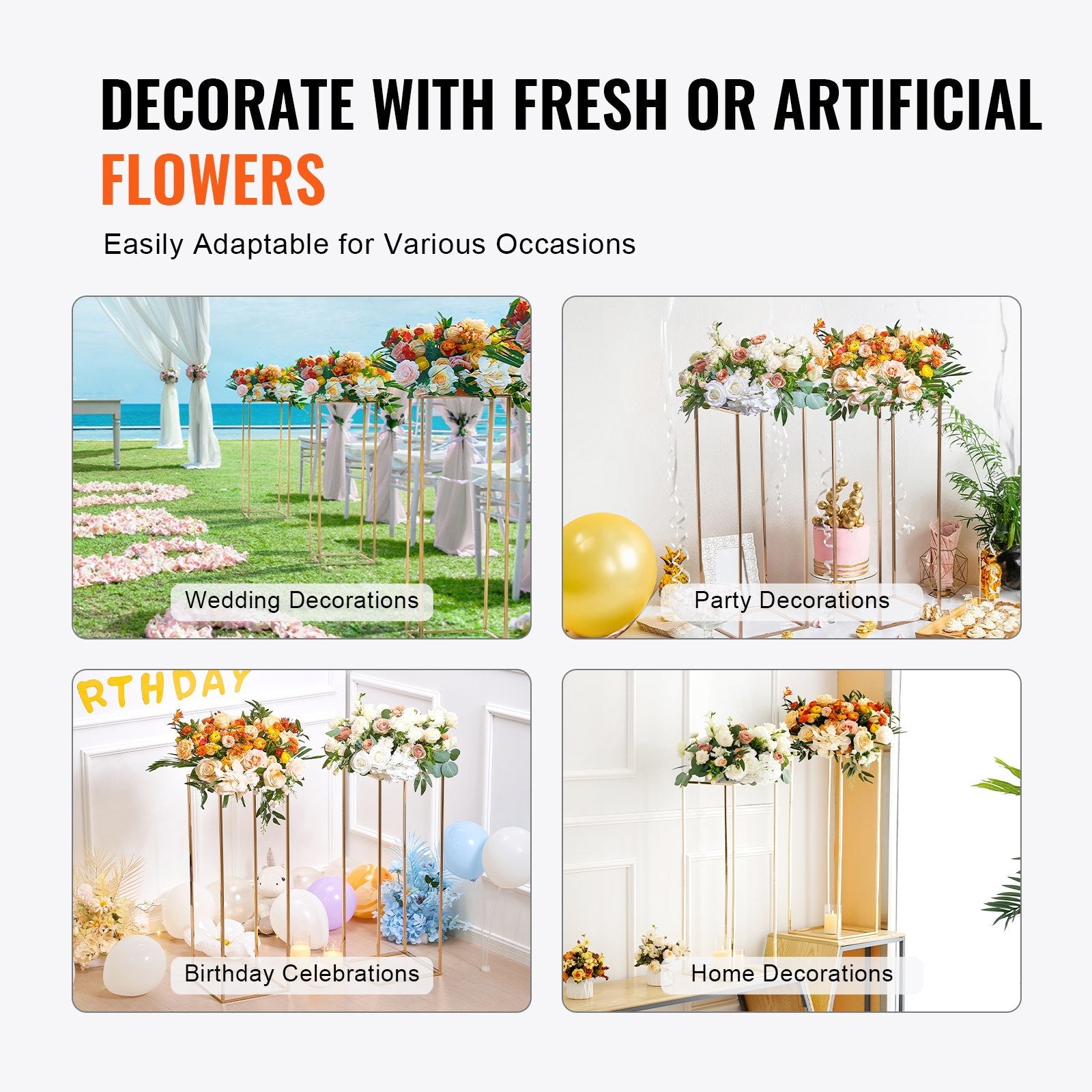VEVOR 10PCS 31.5inch/80cm High Wedding Flower Stand, With Acrylic Laminate,Metal Vase Column Geometric Centerpiece Stands, Gold Rectangular Floral Display Rack for Events Reception, Party Decoration 