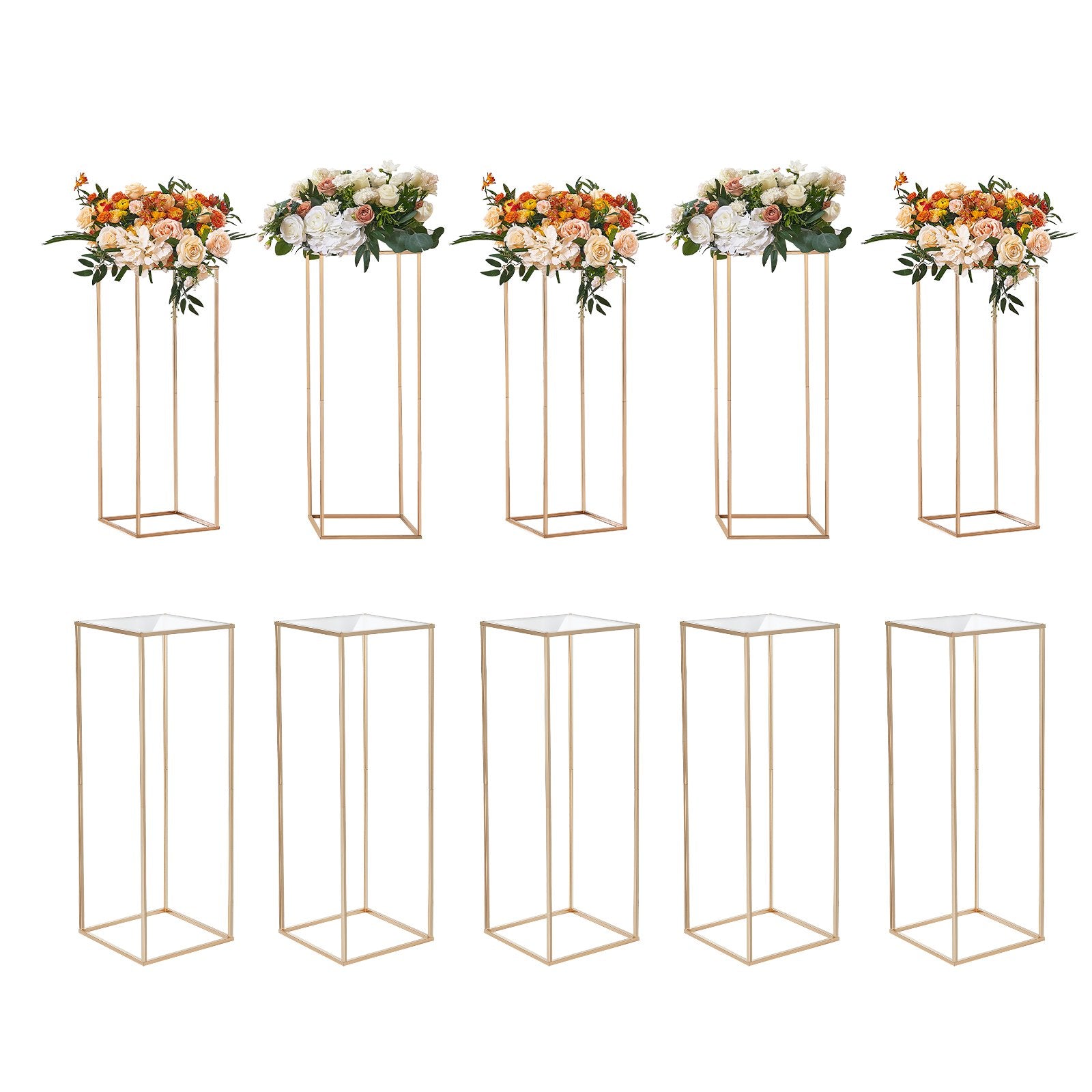 VEVOR 10PCS 31.5inch/80cm High Wedding Flower Stand, With Acrylic Laminate,Metal Vase Column Geometric Centerpiece Stands, Gold Rectangular Floral Display Rack for Events Reception, Party Decoration 