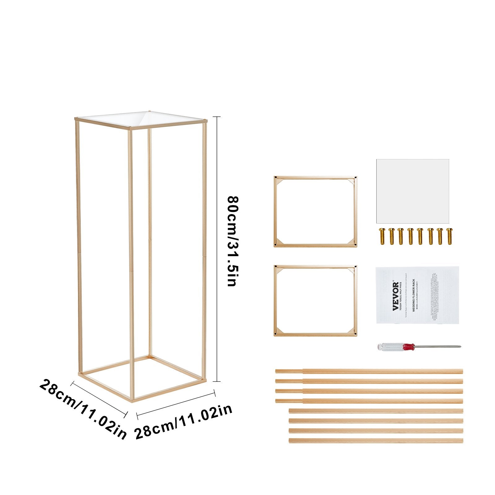 VEVOR 10PCS 31.5inch/80cm High Wedding Flower Stand, With Acrylic Laminate,Metal Vase Column Geometric Centerpiece Stands, Gold Rectangular Floral Display Rack for Events Reception, Party Decoration 