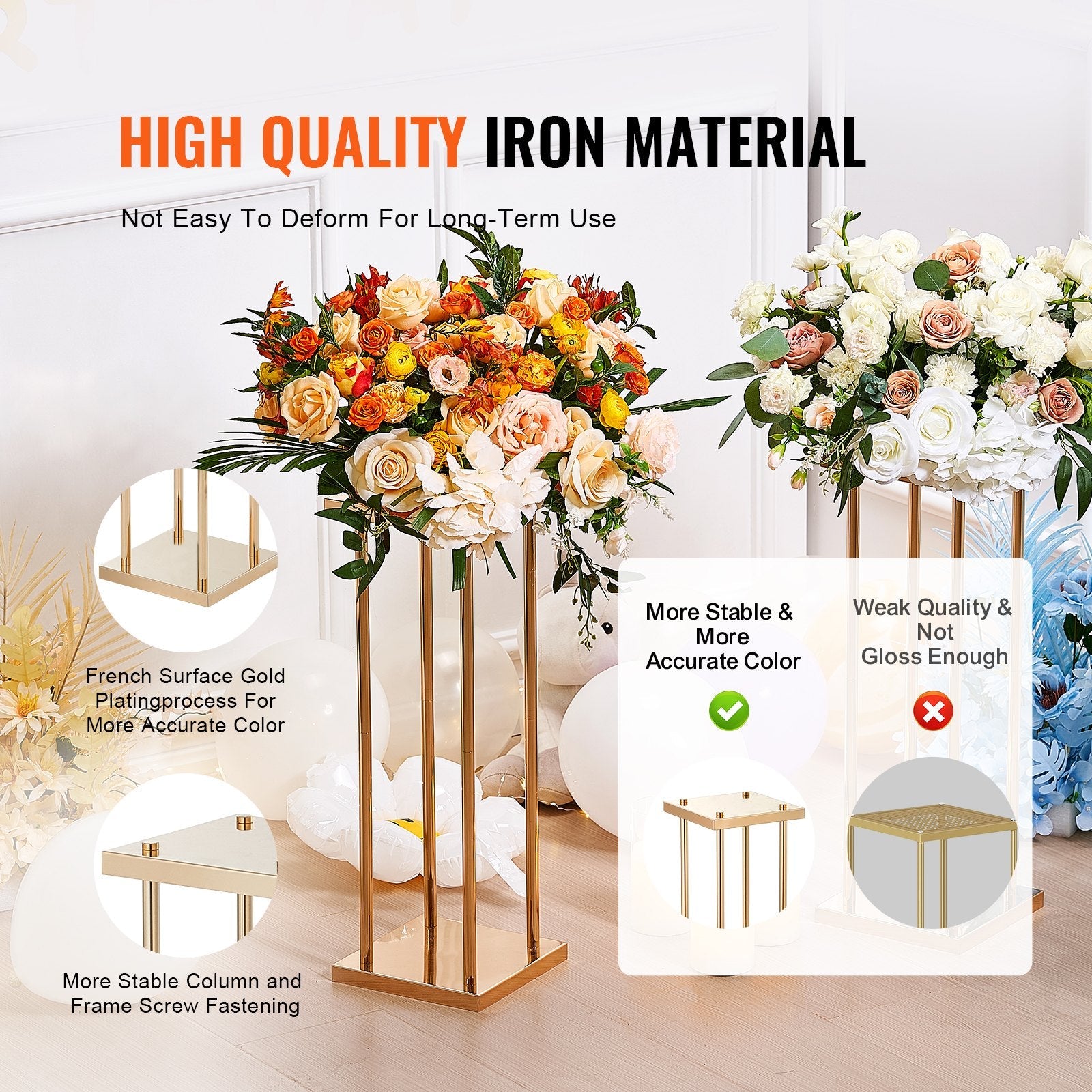 VEVOR 4PCS Gold Metal Column Wedding Flower Stand, 31.5inch/80cm High With Metal Laminate, Vase Geometric Centerpiece Stands, Cylindrical Floral Display Rack for Events Reception, Party Road Leads 