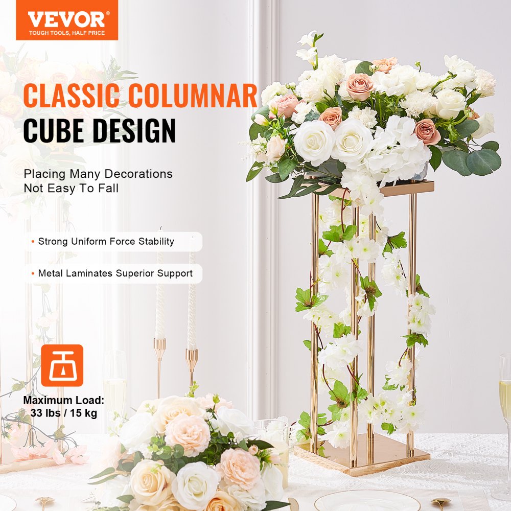 VEVOR 4PCS Gold Metal Column Wedding Flower Stand, 23.6inch /60cm High With Metal Laminate, Vase Geometric Centerpiece Stands, Cylindrical Floral Display Rack for Events Reception, Party Road Leads 
