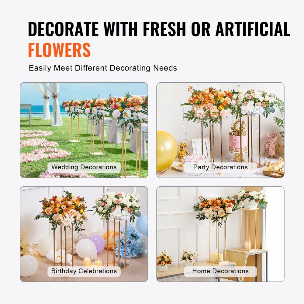 VEVOR 4PCS Gold Metal Column Wedding Flower Stand, 23.6inch /60cm High With Metal Laminate, Vase Geometric Centerpiece Stands, Cylindrical Floral Display Rack for Events Reception, Party Road Leads 