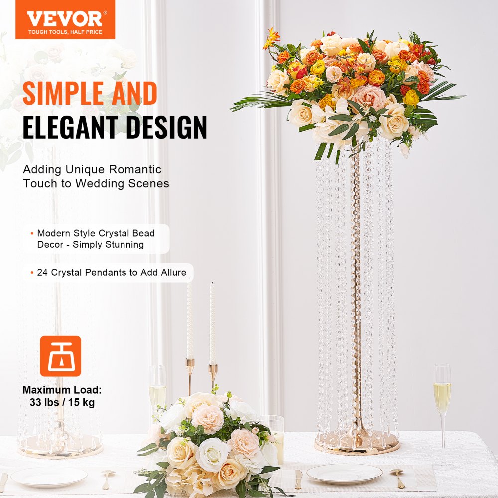 VEVOR 4PCS 35.43inch /90cm Tall Crystal Wedding Flowers Stand, Luxurious Centerpieces Flower Vases Crystal Gold Vase Metal, Perfect for T-stage Wedding Party Ceremony Dinner Event Hotel Home Decor 