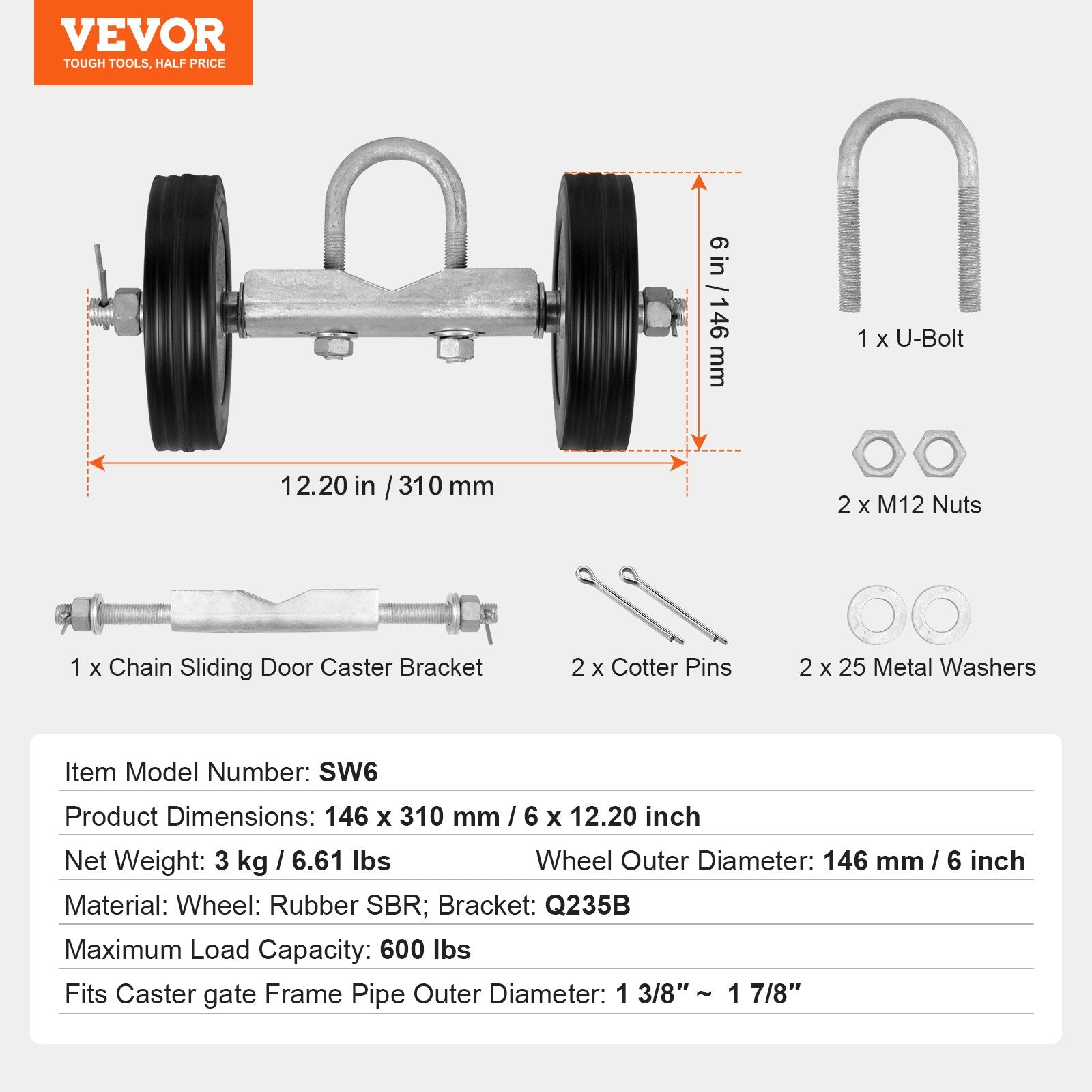 VEVOR Sliding Gate Kit 6” Heavy Duty Rolling Hardware for Door 600 lbs Load 