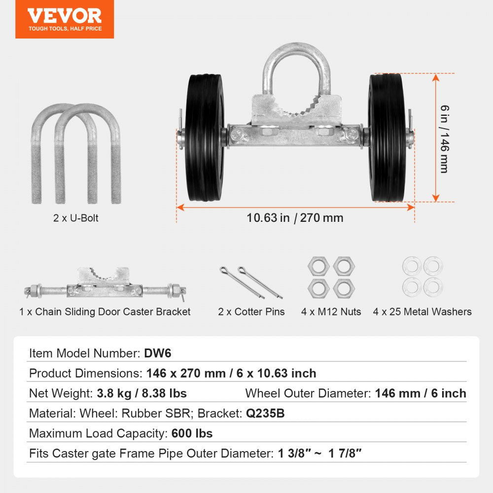VEVOR Sliding Gate Kit 6” Adjustable Heavy Duty Rolling Hardware 600 lbs Load 