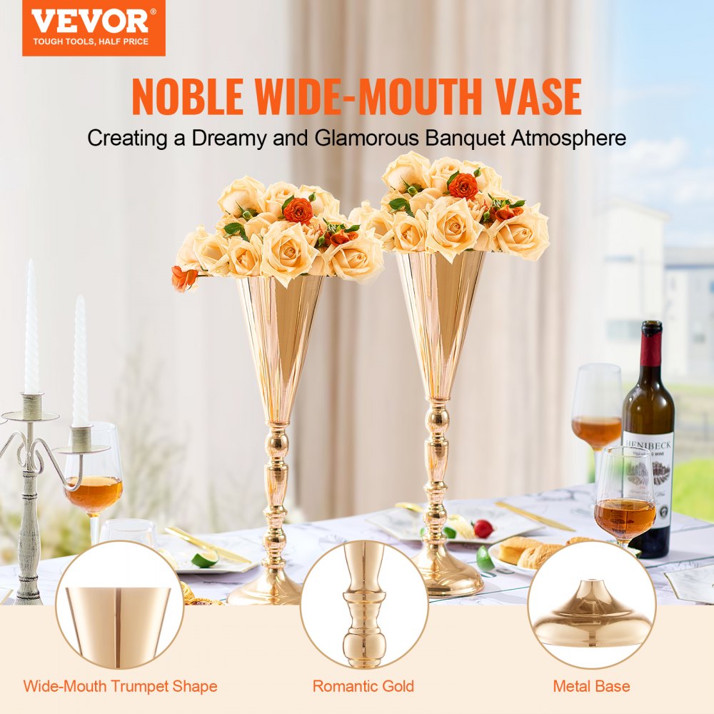 VEVOR 10PCS 43cm/16.9” Tall Wedding Flower Vase Metal Gold Trumpet for Tables 
