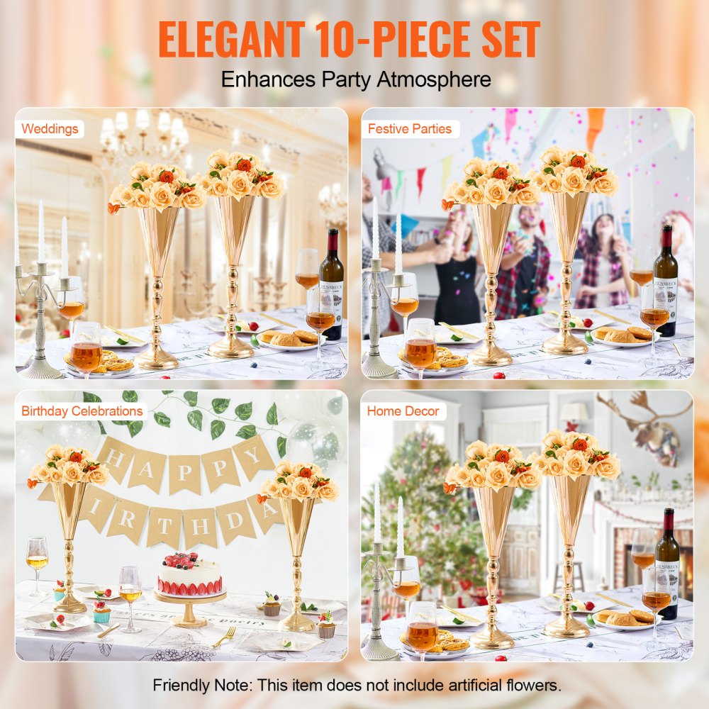VEVOR 10PCS 43cm/16.9” Tall Wedding Flower Vase Metal Gold Trumpet for Tables 