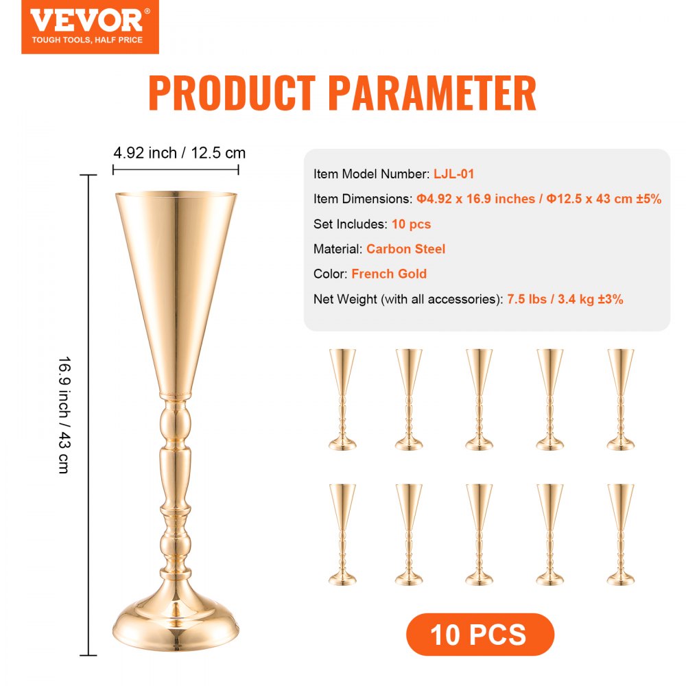 VEVOR 10PCS 43cm/16.9” Tall Wedding Flower Vase Metal Gold Trumpet for Tables 