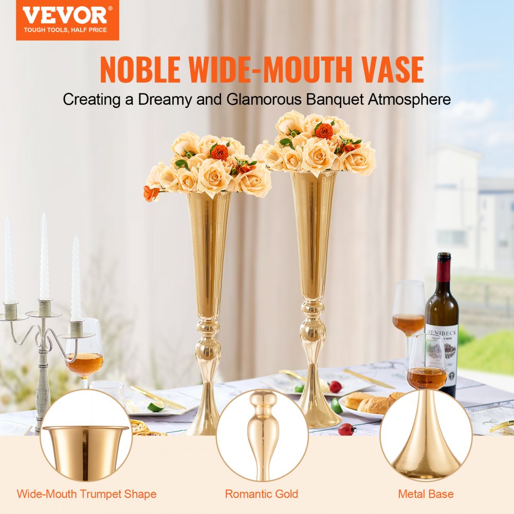 VEVOR 2PCS 56cm/22.05” Tall Wedding Flower Vase Metal Gold Trumpet for Tables 