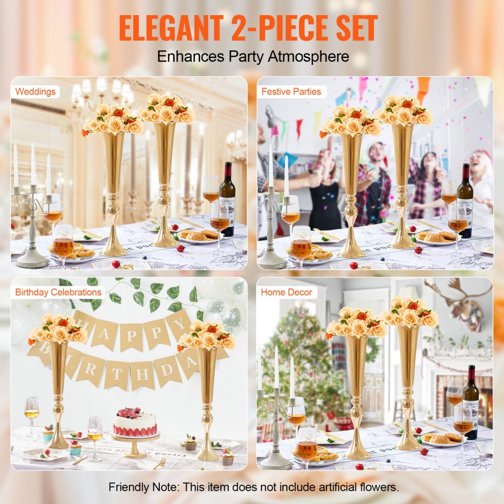 VEVOR 2PCS 56cm/22.05” Tall Wedding Flower Vase Metal Gold Trumpet for Tables 