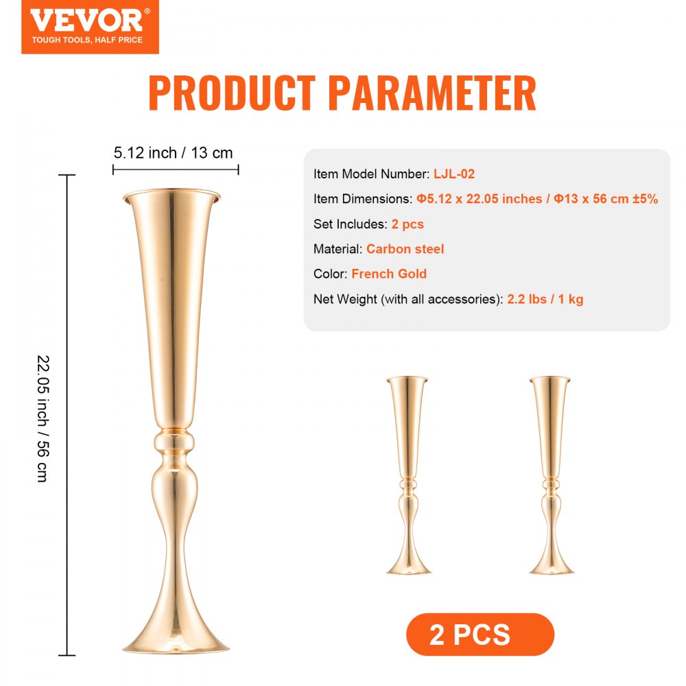 VEVOR 2PCS 56cm/22.05” Tall Wedding Flower Vase Metal Gold Trumpet for Tables 