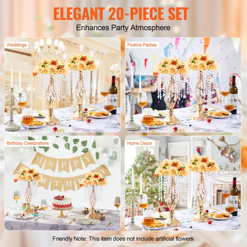 VEVOR 20PCS 43cm/16.9” Tall Crystal Wedding Flower Stand Vase for Party Decor 