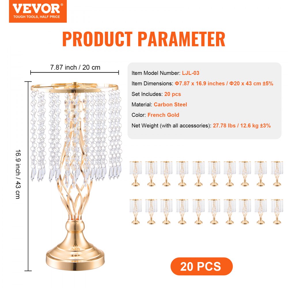 VEVOR 20PCS 43cm/16.9” Tall Crystal Wedding Flower Stand Vase for Party Decor 