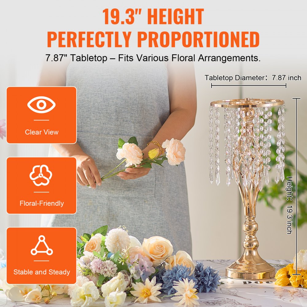 VEVOR 12PCS 49cm/19.3” Tall Crystal Wedding Flower Stand Vase for Party Decor 