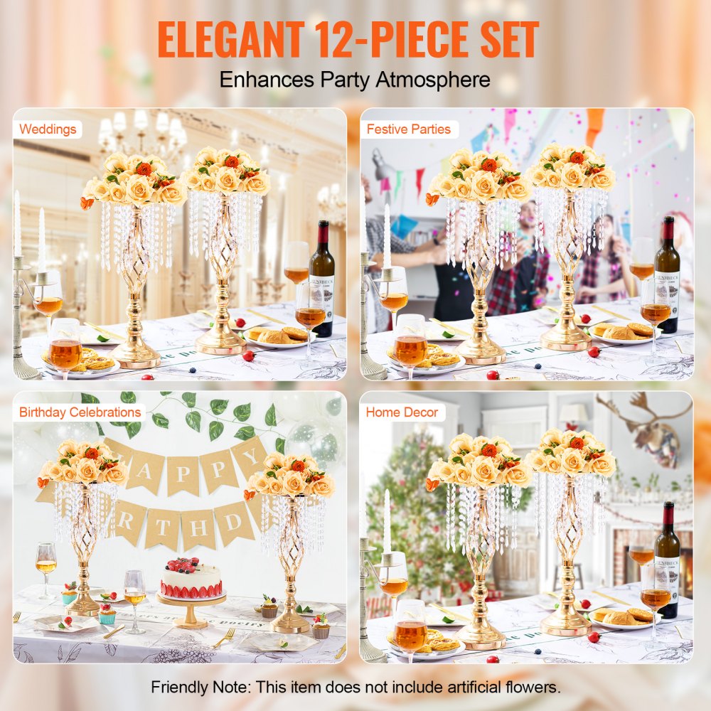VEVOR 12PCS 49cm/19.3” Tall Crystal Wedding Flower Stand Vase for Party Decor 