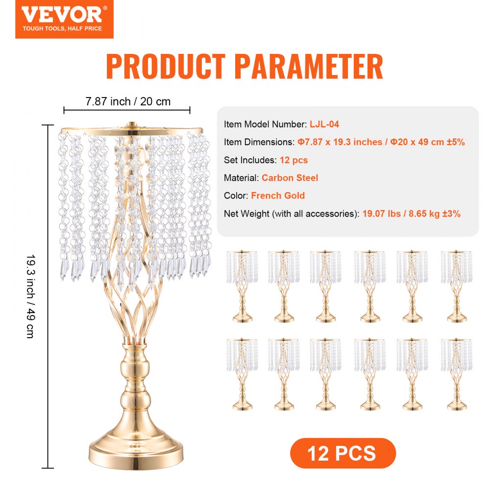 VEVOR 12PCS 49cm/19.3” Tall Crystal Wedding Flower Stand Vase for Party Decor 