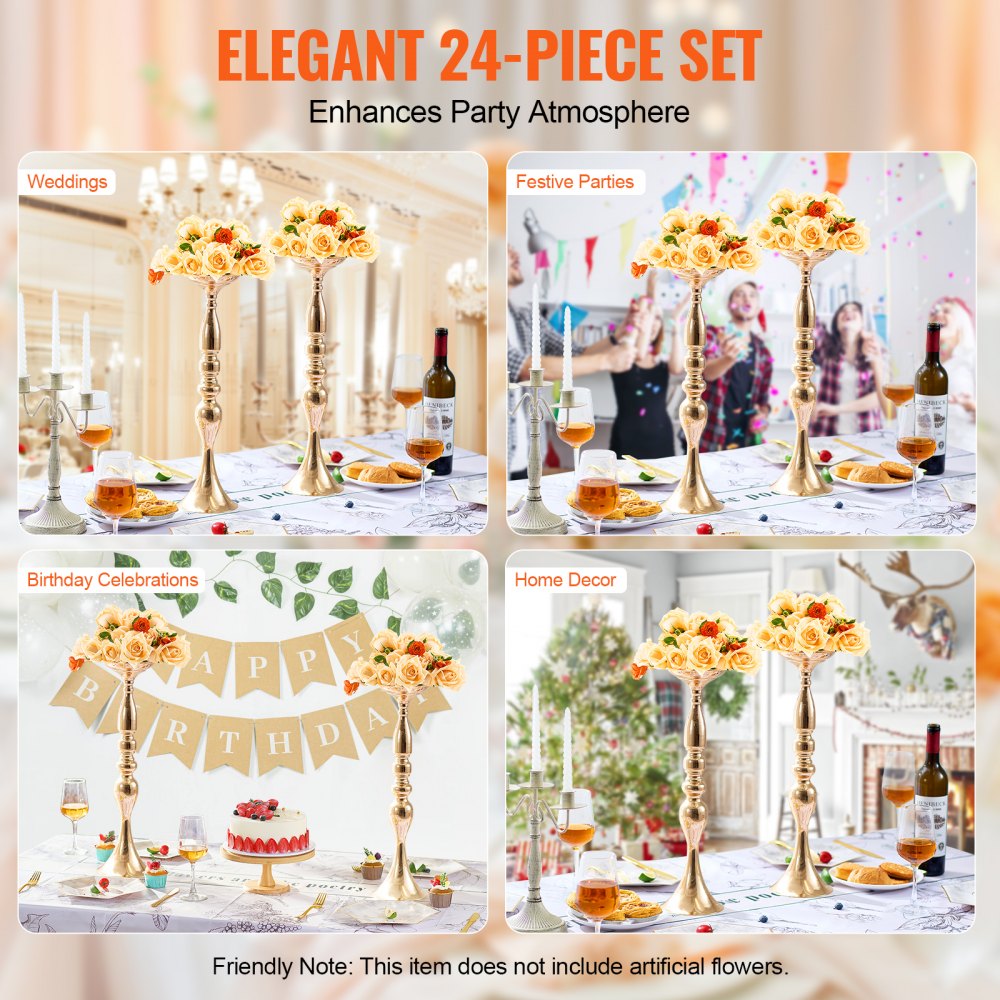 VEVOR 24PCS 50cm/19.7” Wedding Flower Vase Metal Gold Floral Stand for Table 