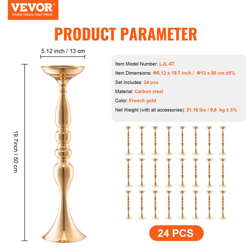 VEVOR 24PCS 50cm/19.7” Wedding Flower Vase Metal Gold Floral Stand for Table 