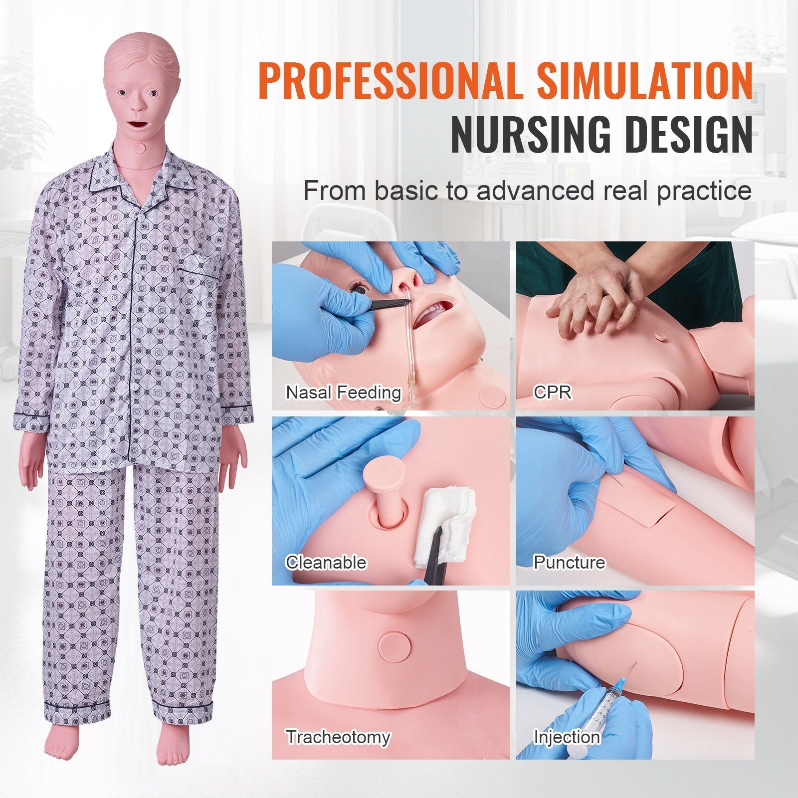 VEVOR Nursing Training Manikin, Male Life Size Demonstration Human Manikin for Nursing Training, Multifunctional Education Teaching Model Supplies, PVC Anatomical Mannequin Body Care Simulator Model 