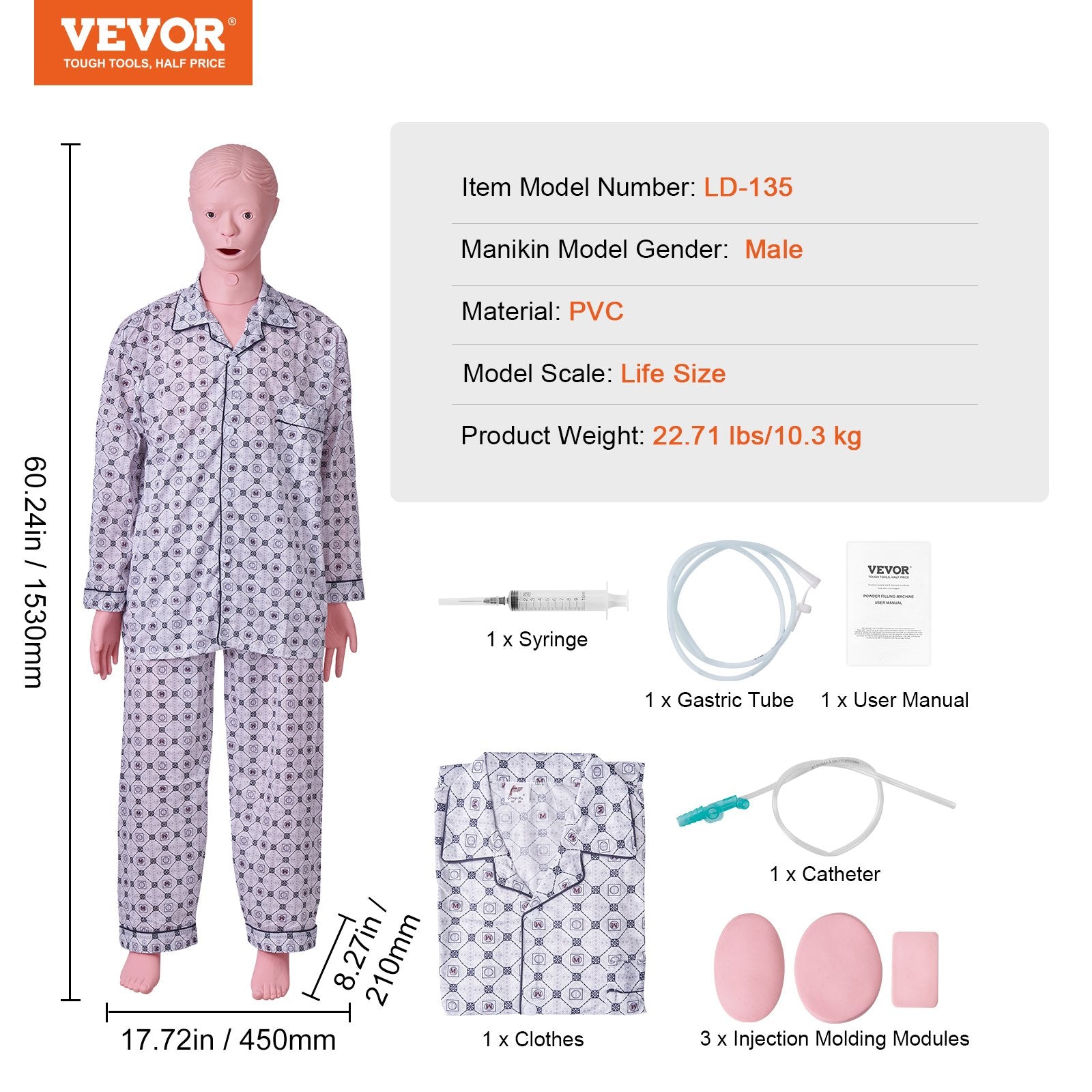 VEVOR Nursing Training Manikin, Male Life Size Demonstration Human Manikin for Nursing Training, Multifunctional Education Teaching Model Supplies, PVC Anatomical Mannequin Body Care Simulator Model 