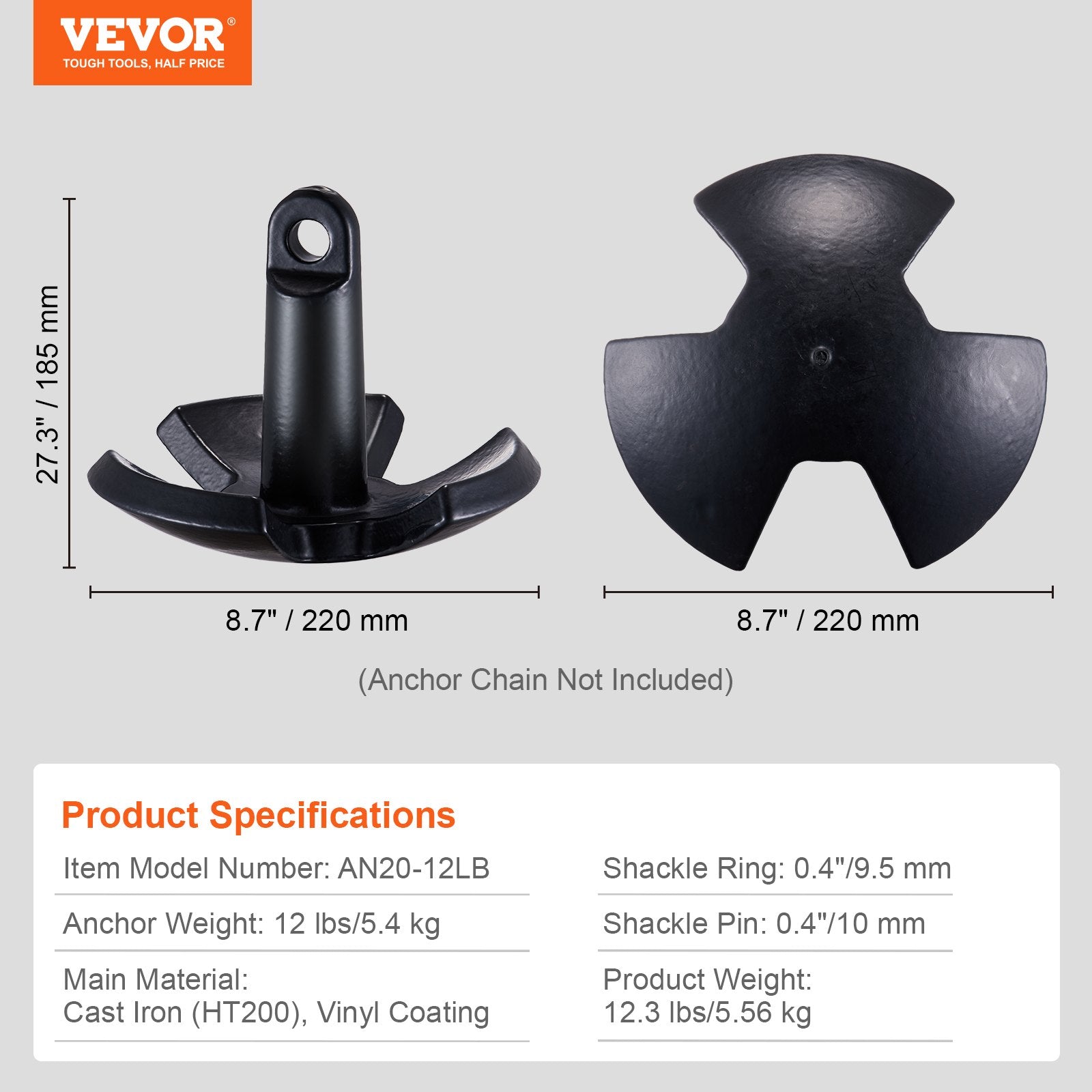 VEVOR River Anchor, 12 LBS Boat Anchor Cast Iron Black Vinyl-Coated with Shackle, Marine Grade Mushroom Anchor for Boats Up To 10 ft, Impressive Holding Power in River and Mud Bottom Lakes 