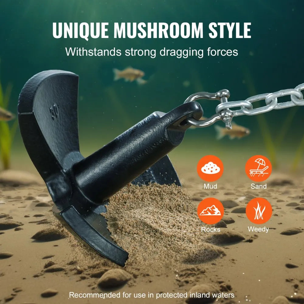 VEVOR River Anchor, 30 LBS Boat Anchor Cast Iron Black Vinyl-Coated, Marine Grade Mushroom Anchor for Boats Up To 30 ft, Impressive Holding Power in River and Mud Bottom Lakes