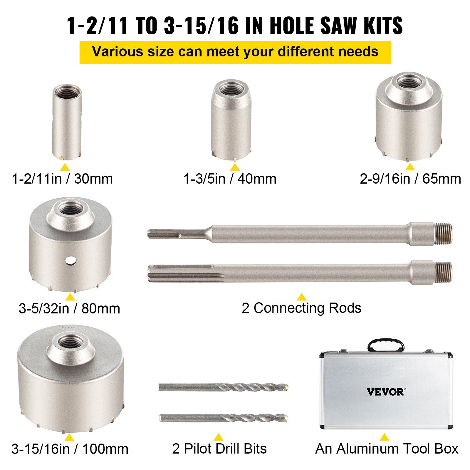 VEVOR Concrete Hole Saw Kit, 30/40/65/80/100mm Drill Bit Set SDS Plus or SDS Max Shank Wall Hole Cutter with 11.8"/300 mm Connecting Rod for Brick, Concrete, Cement, Stone Wall, Masonry, Tile 