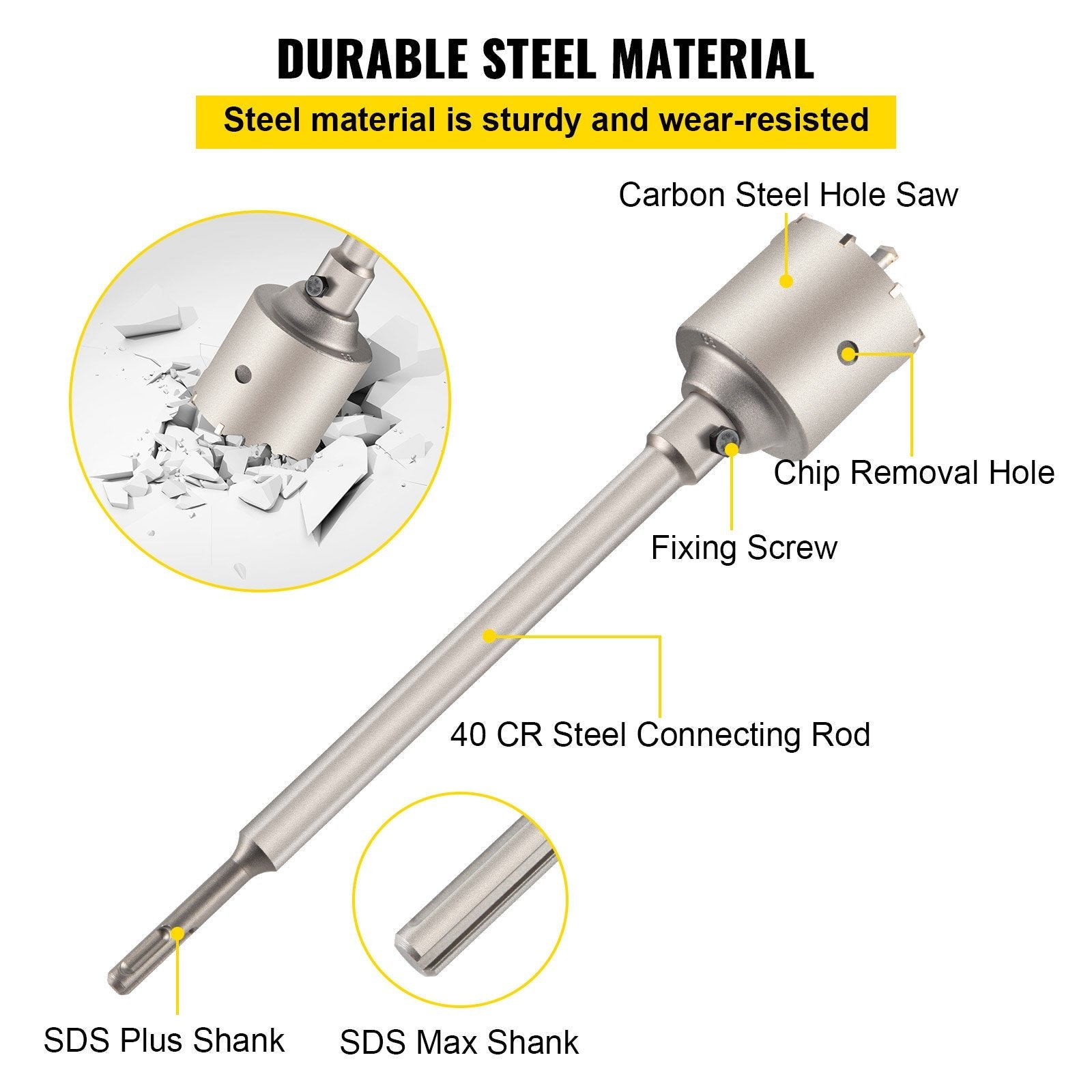 VEVOR Concrete Hole Saw Kit, 30/40/65/80/100mm Drill Bit Set SDS Plus or SDS Max Shank Wall Hole Cutter with 11.8"/300 mm Connecting Rod for Brick, Concrete, Cement, Stone Wall, Masonry, Tile 