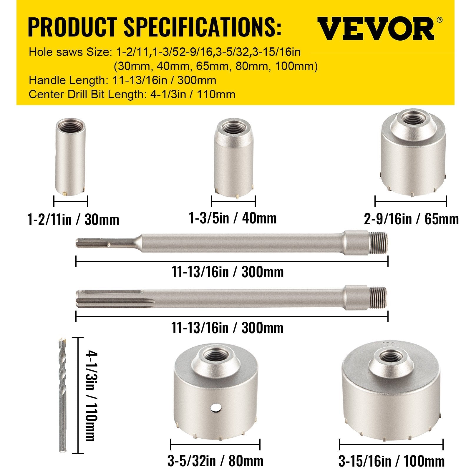 VEVOR Concrete Hole Saw Kit, 30/40/65/80/100mm Drill Bit Set SDS Plus or SDS Max Shank Wall Hole Cutter with 11.8"/300 mm Connecting Rod for Brick, Concrete, Cement, Stone Wall, Masonry, Tile 