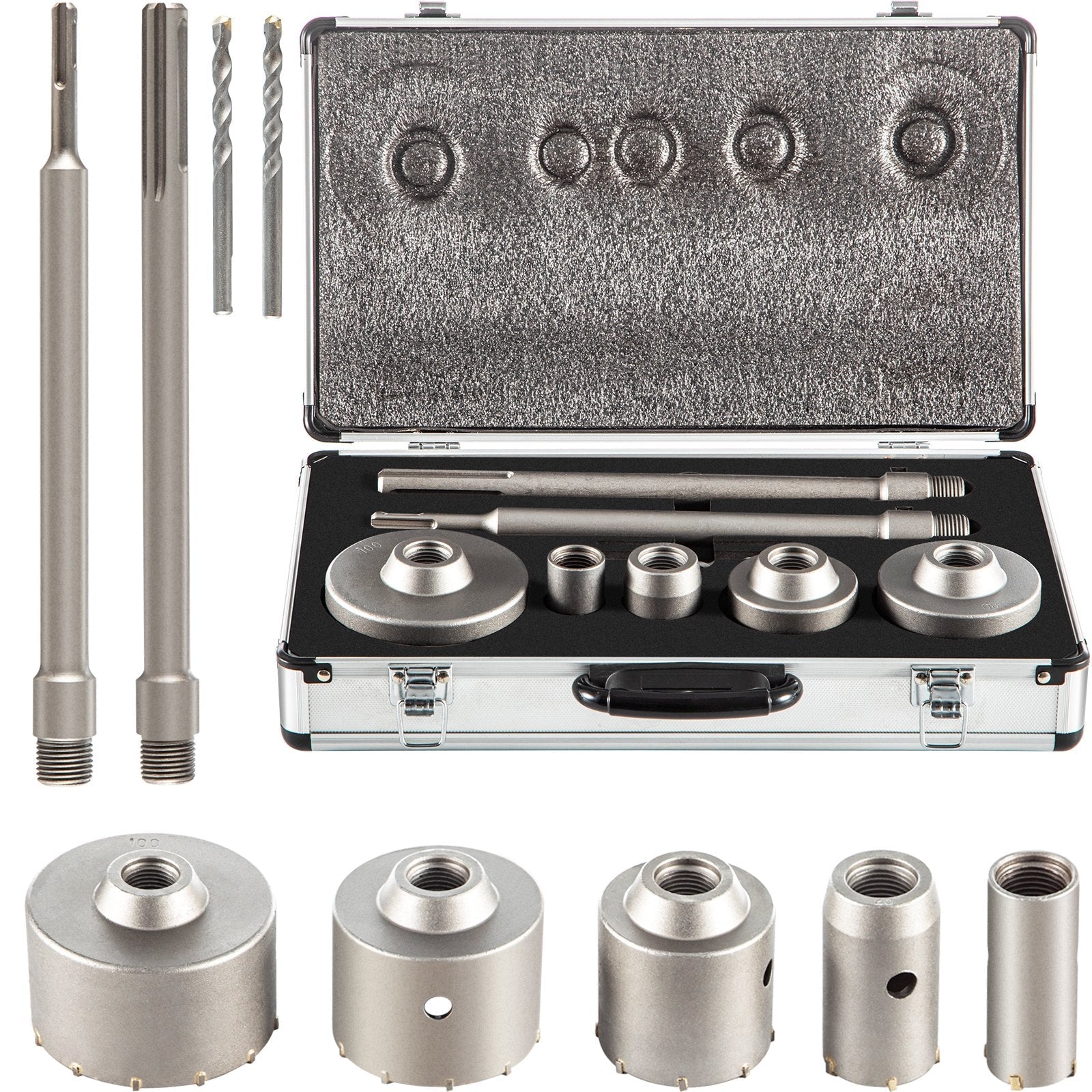 VEVOR Concrete Hole Saw Kit, 30/40/65/80/100mm Drill Bit Set SDS Plus or SDS Max Shank Wall Hole Cutter with 11.8"/300 mm Connecting Rod for Brick, Concrete, Cement, Stone Wall, Masonry, Tile 